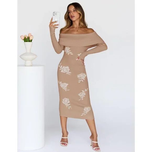 Women Off Shoulder Bodycon Sweater Dress Long Sleeve Party Midi Dress Khaki - Picture 3 of 9
